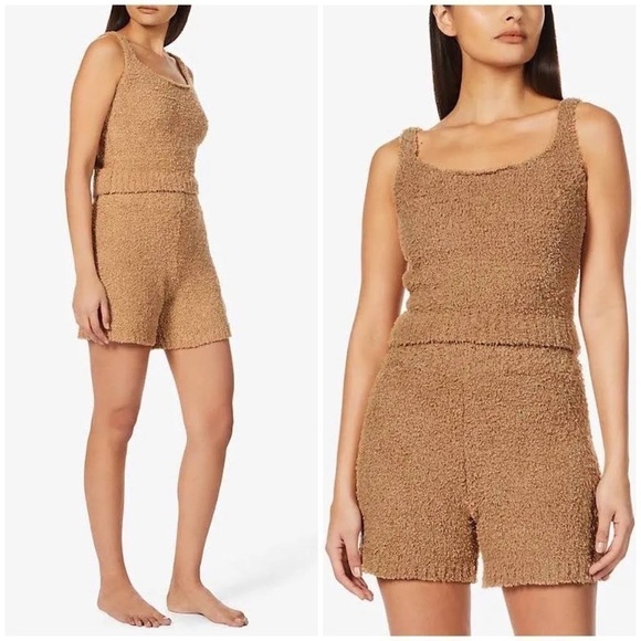 SKIMS Cozy Knit High Rise Lounge Shorts In Camel Brown - Picture 4 of 8
